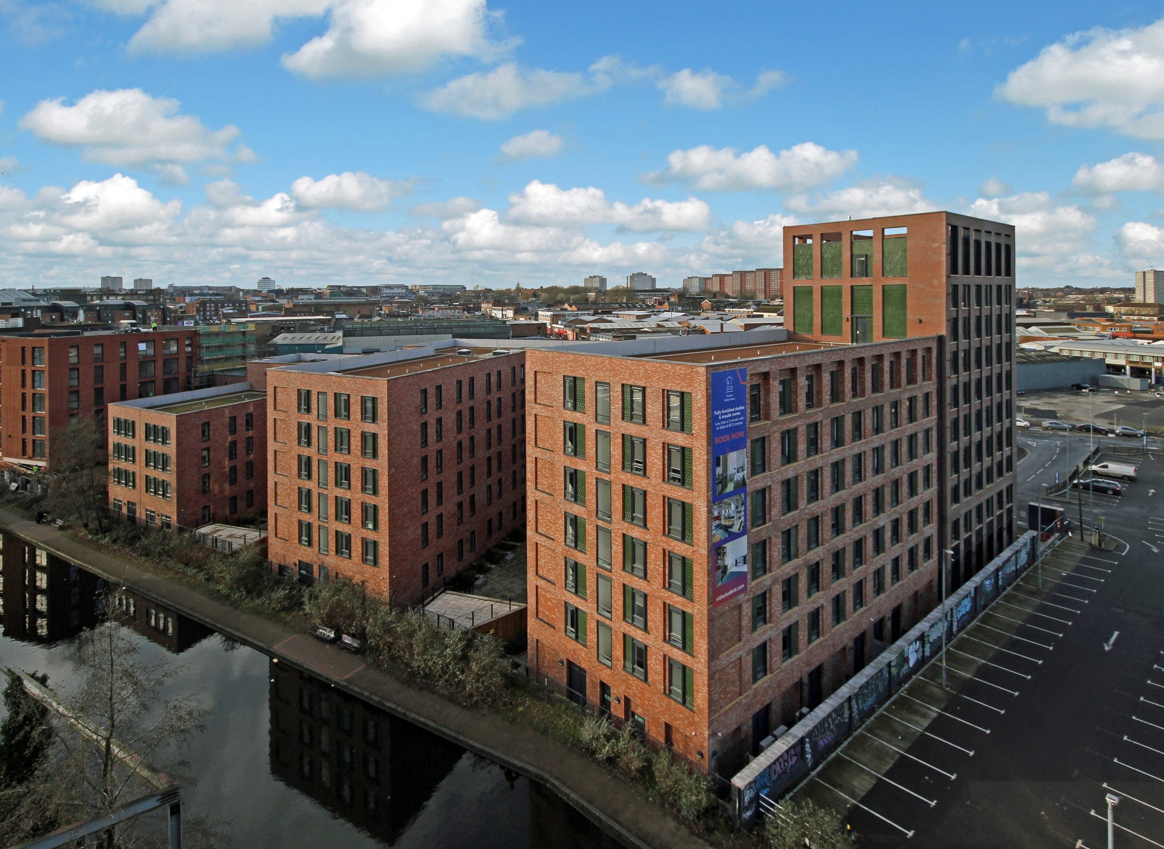 Aerial view of Globe Works with the Birmingham skyline behind