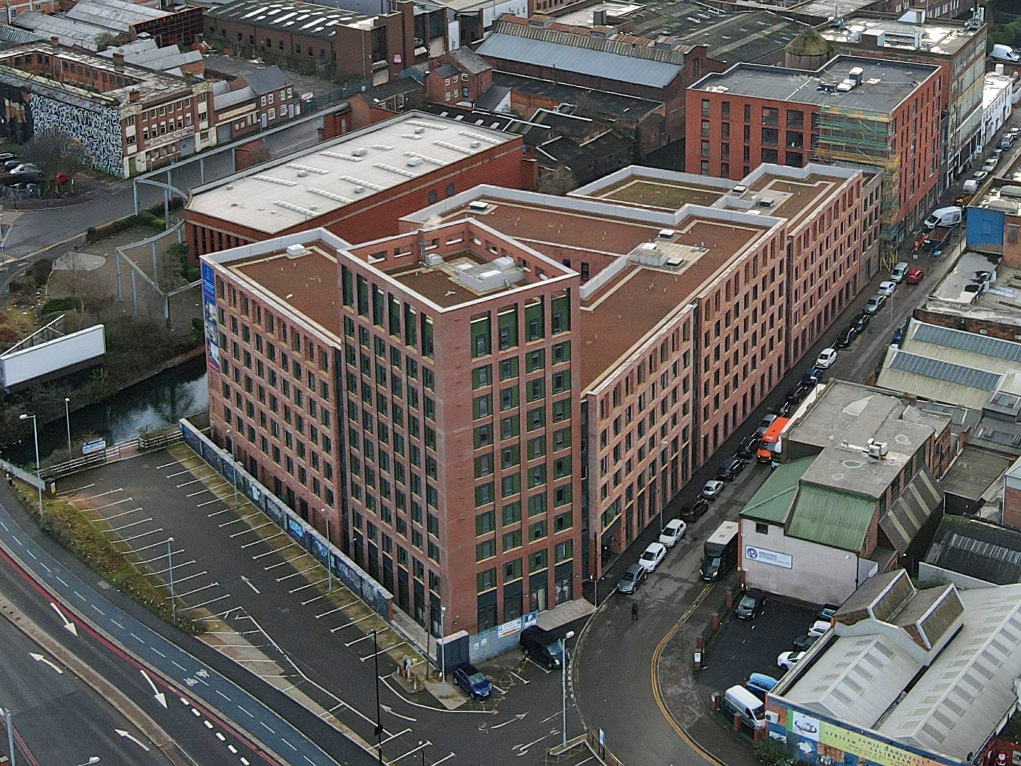 Aerial view over the Globe Works rooftops and the Jewellery Quarter