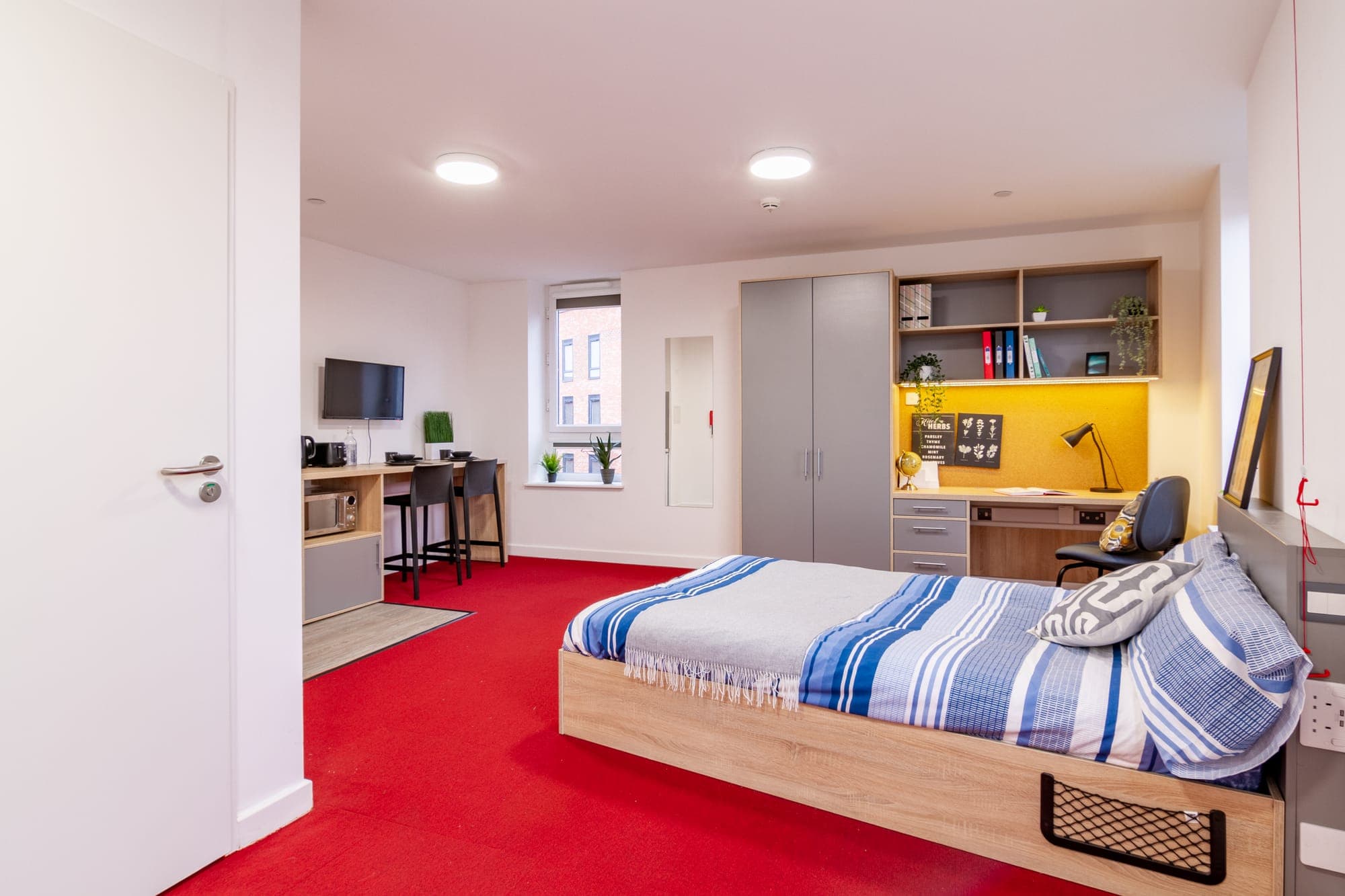 A premium studio at Globe Works with a double bed, study wall and separate kitchen area